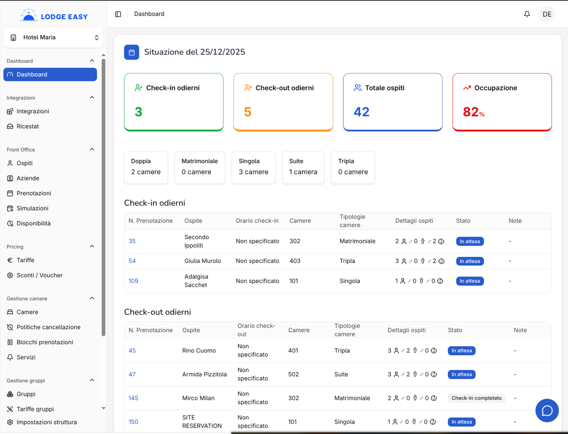 Schermata dell'applicazione Lodge Easy che mostra la dashboard principale